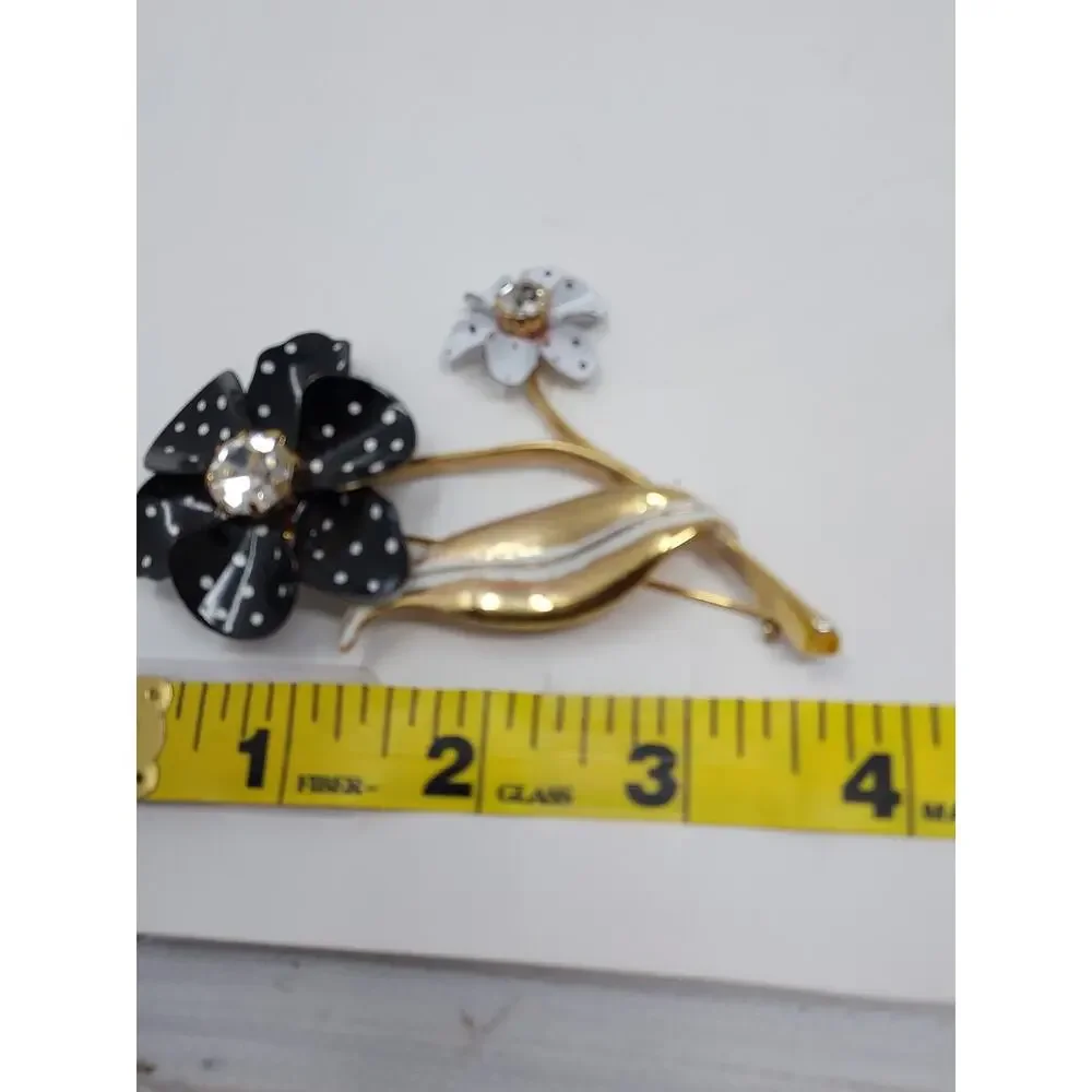 Vintage Enamel Flower Black White Polka Dots Rhinestone Avon 3.5